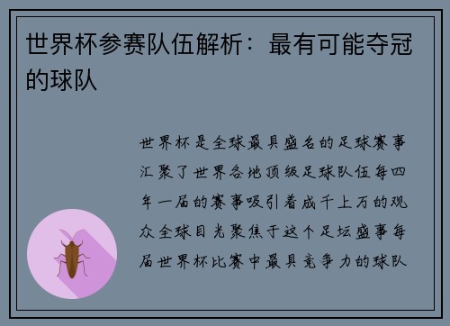 世界杯参赛队伍解析：最有可能夺冠的球队