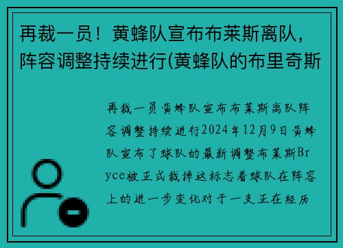 再裁一员！黄蜂队宣布布莱斯离队，阵容调整持续进行(黄蜂队的布里奇斯)