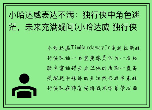 小哈达威表达不满：独行侠中角色迷茫，未来充满疑问(小哈达威 独行侠)