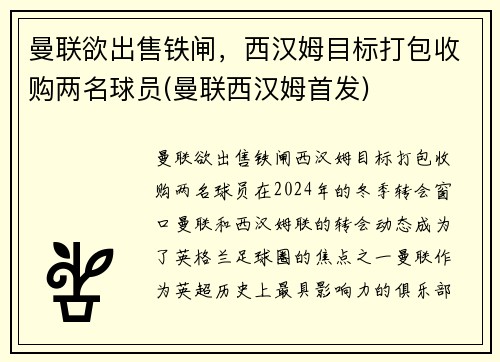 曼联欲出售铁闸，西汉姆目标打包收购两名球员(曼联西汉姆首发)