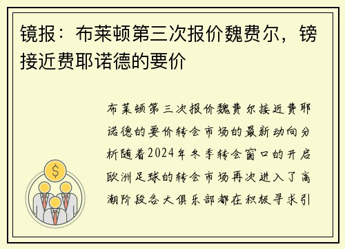 镜报：布莱顿第三次报价魏费尔，镑接近费耶诺德的要价